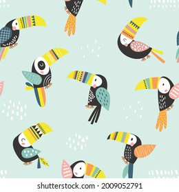 Seamless childish pattern with colorful toucans. Creative Scandinavian style kids texture for fabric, wrapping, textile, wallpaper, apparel. Vector illustration