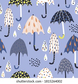 Seamless childish pattern with colorful umbrellas. Creative kids autumn texture for fabric, wrapping, textile, wallpaper, apparel. Vector illustration