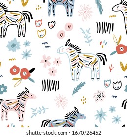 Seamless childish pattern with colorful zebras, hand drawn flowers and textures. Perfect for fabric,textile. Creative Vector background