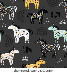 Seamless childish pattern with colorful zebras, rainbows and hand drawn textures. Perfect for fabric,textile. Creative Vector background