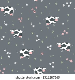 Seamless childish pattern with cows and flowers. Vector illustration. Use for textile, print, surface design, fashion kids wear 