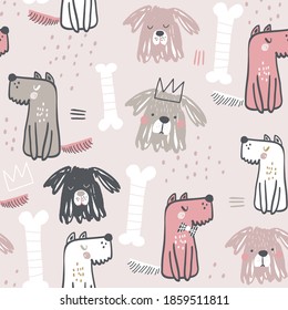 Seamless childish pattern with creative cute dogs girl. Trendy kids forest .Perfect for fabric,textile. Vector background