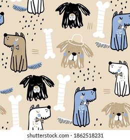 Seamless childish pattern with creative cute dogs boy. Trendy kids forest .Perfect for fabric,textile. Vector background