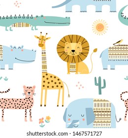 Seamless childish pattern with cute African animals, lion, elephant, hippo, giraffe,crocodile. Scandinavian style kids texture for fabric, wrapping, textile, wallpaper, apparel. Vector illustration.