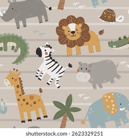 Seamless childish pattern with cute African animals. Scandinavian style kids texture for fabric, wrapping, textile.