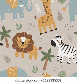 Seamless childish pattern with cute African animals.