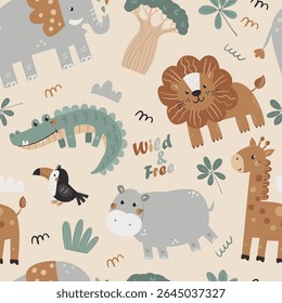 Seamless childish pattern with cute African animals. Scandinavian style kids texture for fabric, wrapping, textile.