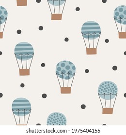 Seamless childish pattern with cute air balloons. Creative scandinavian kids texture for fabric, wrapping, textile, wallpaper, apparel. Vector illustration in pastel colours.