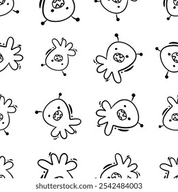 Seamless childish pattern with cute aliens. Hand drawn doodle style. Alien pattern, kids pattern in doodle hand drawn style.