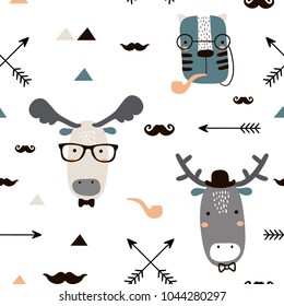 Seamless childish pattern with cute animal faces in hipster style. Creative kids texture for fabric, wrapping, textile, wallpaper, apparel. Vector illustration