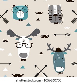 Seamless childish pattern with cute animal faces in hipster style. Creative kids texture for fabric, wrapping, textile, wallpaper, apparel. Vector illustration