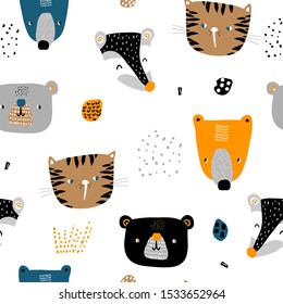 Seamless childish pattern with cute animal faces and hand drawn textures. Creative kids hand drawn texture for fabric, wrapping, textile, wallpaper, apparel. Vector illustration