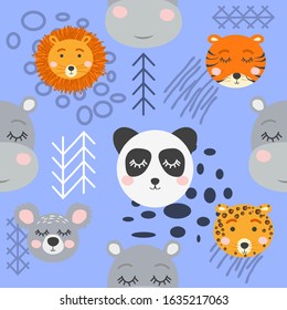 Seamless childish pattern with cute animal faces. Creative nursery background. Perfect for kids design, fabric, wrapping