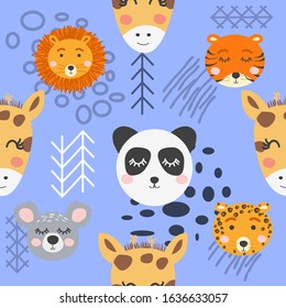 Seamless childish pattern with cute animal faces. Creative nursery background. Perfect for kids design, fabric, wrapping, wallpaper, textile, apparel