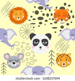 Seamless childish pattern with cute animal faces. Creative nursery background. Perfect for kids design, fabric, wrapping, wallpaper, textile, apparel