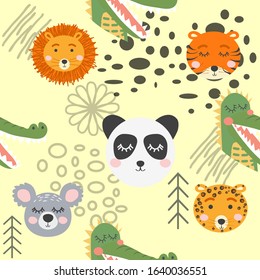 Seamless childish pattern with cute animal faces. Creative nursery background. Perfect for kids design, fabric