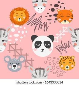 Seamless childish pattern with cute animal faces. Creative nursery background. Perfect for kids design, fabric, wrapping, wallpaper, textile, apparel