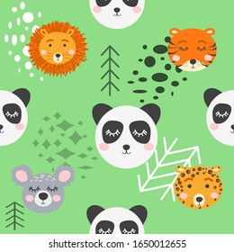 Seamless childish pattern with cute animal faces. Creative nursery background. Perfect for kids design, fabric