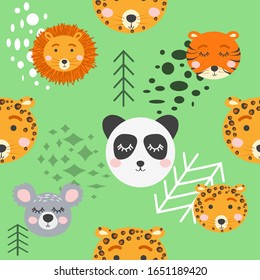 Seamless childish pattern with cute animal faces. Creative nursery background. Perfect for kids design, fabric, wrapping