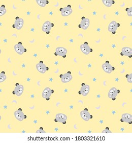 Seamless childish pattern with cute animal faces, moons and stars. Vector illustration. Perfect for fabric, wrapping papers, parties, children bedroom design.