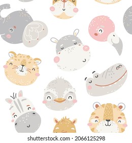 Seamless childish pattern with cute animal heads in scandinavian style. Great for fabric, textile, nurcery, wallpaper. Vector illustration of jungle baby animal faces