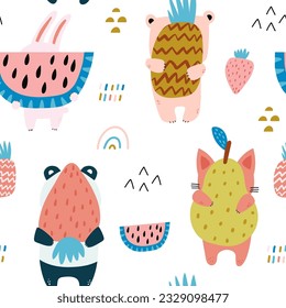 Seamless childish pattern with cute animal characters holding huge fruits. Cartoon kids vector texture. Great for fabric, textile.