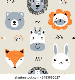 Seamless childish pattern with cute animal faces. Creative kids forest texture for fabric, wrapping, textile, wallpaper, apparel. Vector illustration