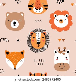 Seamless childish pattern with cute animal faces. Creative kids forest texture for fabric, wrapping, textile, wallpaper, apparel. Vector illustration