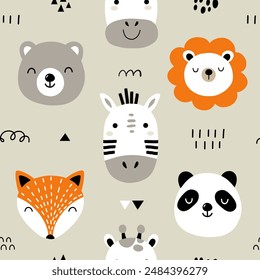 Seamless childish pattern with cute animal faces. Creative kids forest texture for fabric, wrapping, textile, wallpaper, apparel. Vector illustration