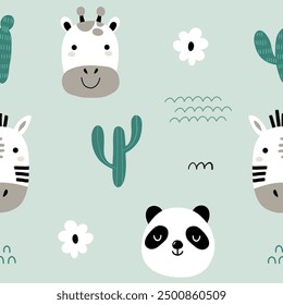 Patrón infantil sin costuras con caras de animales lindos para la tela, envoltura, textil, Fondo de pantalla, ropa. Ilustración vectorial