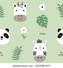 Seamless childish pattern with cute animal faces and green leaves tropical for fabric, wrapping, textile, wallpaper, apparel. Vector illustration