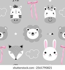 Seamless childish pattern with cute animal faces with pink ribbon bow for  children textile, fabric, wrapping, textile, wallpaper, apparel. Vector illustration	