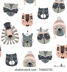 Patrón infantil impecable con rostros animales lindos. Antecedentes de crianza creativa. Perfecto para niños diseño, tela, envoltura, papel pintado, textiles, prendas de vestir