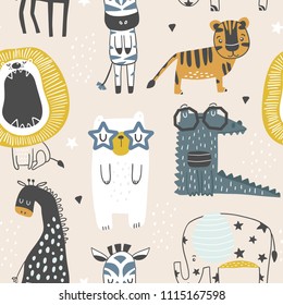 Seamless childish pattern with cute animals in black and white style. Creative scandinavian kids texture for fabric, wrapping, textile, wallpaper, apparel. Vector illustration