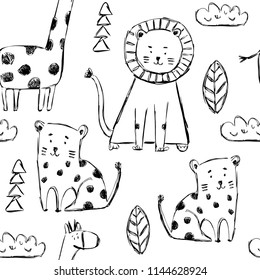 Seamless childish pattern with cute animals in black and white style. Creative scandinavian kids texture for fabric, wrapping, textile, wallpaper, apparel. Vector illustration