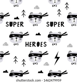 Seamless childish pattern with cute animals superheroes. Kids design for fabric, wrapping, textile, wallpaper, apparel. Vector illustration.