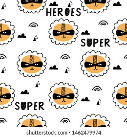 Seamless childish pattern with cute animals superheroes. Kids design for fabric, wrapping, textile, wallpaper, apparel. Vector illustration.
