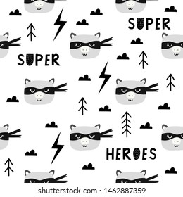 Seamless childish pattern with cute animals superheroes. Kids design for fabric, wrapping, textile, wallpaper, apparel. Vector illustration.