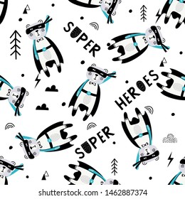 Seamless childish pattern with cute animals superheroes. Kids design for fabric, wrapping, textile, wallpaper, apparel. Vector illustration.