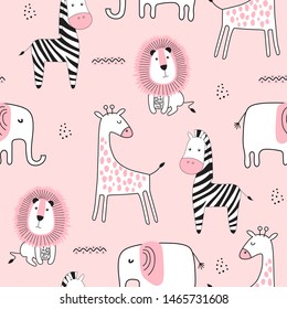 Seamless childish pattern with cute animals in black and white style. Creative scandinavian kids texture for fabric, wrapping, textile, wallpaper, apparel. Vector illustration