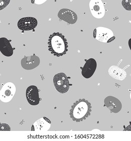 Seamless childish pattern with cute animals. Creative kids hand drawn texture for fabric, wrapping, textile, wallpaper, apparel. Black and white background. Vector illustration. 