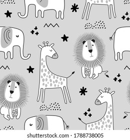 Seamless childish pattern with cute animals in black and white style. Creative scandinavian kids texture for fabric, wrapping, textile, wallpaper, apparel. Vector illustration