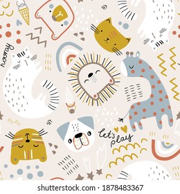 Seamless childish pattern with cute animals. Creative kids hand drawn texture for fabric, wrapping, textile, wallpaper, apparel. Vector illustration