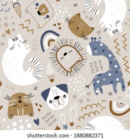 Seamless childish pattern with cute animals. Creative kids hand drawn texture for fabric, wrapping, textile, wallpaper, apparel. Vector illustration