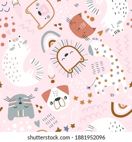 Seamless childish pattern with cute animals. Creative kids hand drawn pink texture for fabric, wrapping, textile, wallpaper, apparel. Vector illustration