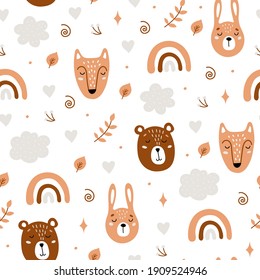 Patrón infantil impecable con animales lindos. Oso, liebre, zorro. Niños creativos textura forestal para tela, envoltura, textil, papel pintado, ropa. Ilustración del vector