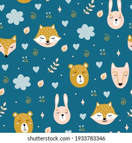 Seamless childish pattern with cute animals. Bear, hare, fox, wolf. Creative kids forest texture for fabric, wrapping, textile, wallpaper, apparel. Vector illustration