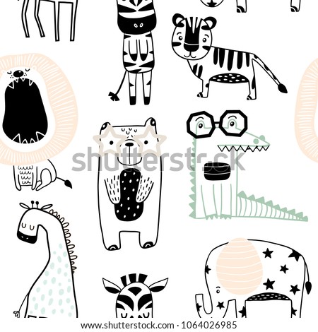 Seamless childish pattern with cute animals in black and white style. Creative scandinavian kids texture for fabric, wrapping, textile, wallpaper, apparel. Vector illustration