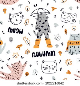 Seamless childish pattern with cute autumn cats. Funny characters. Hand drawn vector illustration, Scandinavian style. For wrapping, baby textiles and fabric, wallpaper.