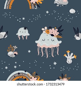 Seamless childish pattern with cute baby sea or ocean jellyfish animals. Children background. Creative kids texture for print, digital paper, textile, fabric,room decor, wrapping paper pattern